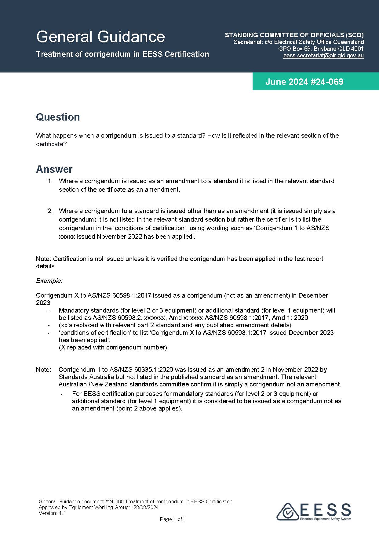 General Guidance 24-069 - Treatment of Corrigendum in EESS Certification v1.1