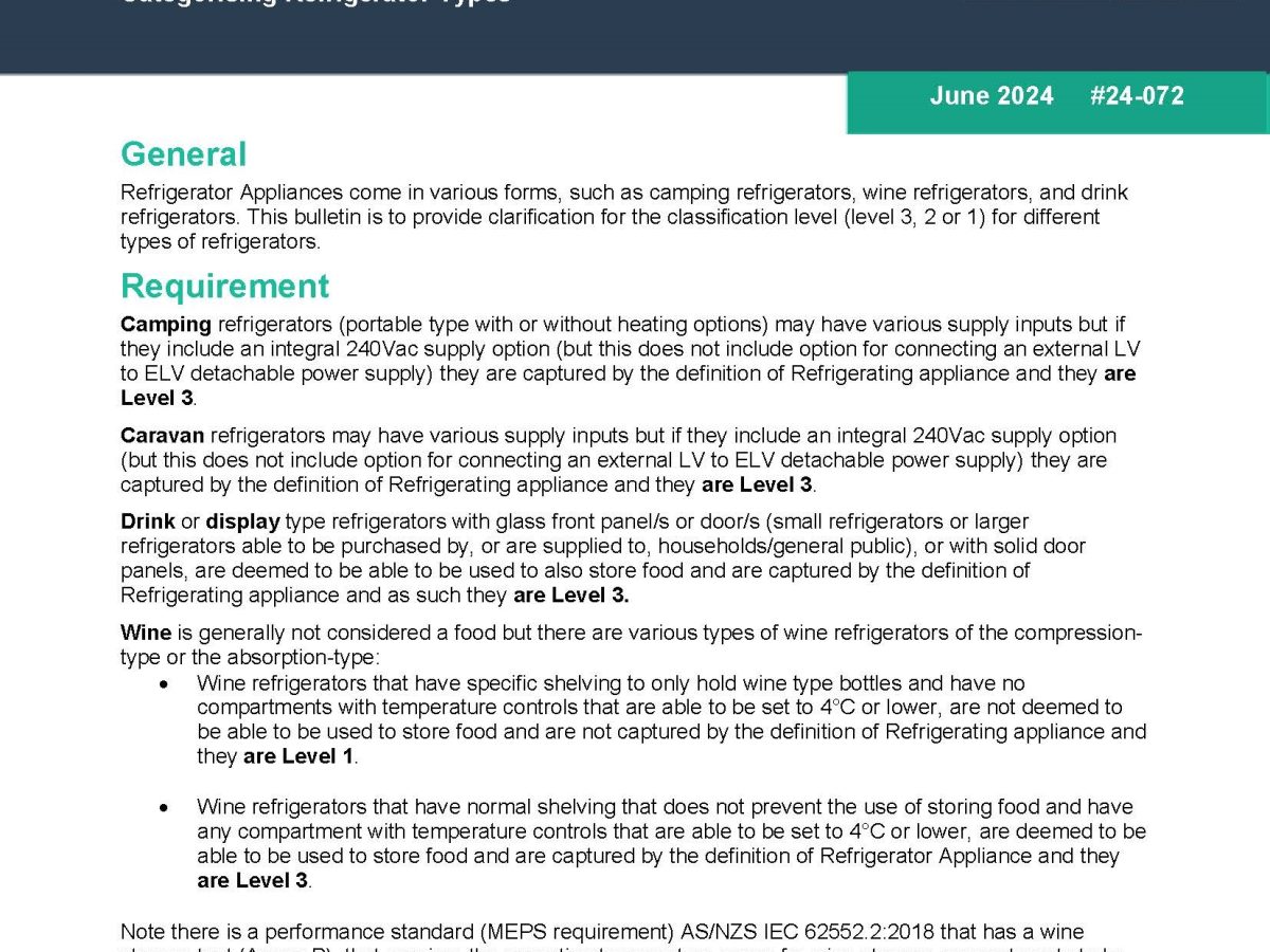 EESS Information Bulletin 24-072 Categorising Refrigerator Types V1.0
